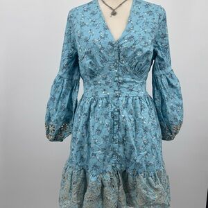 blue embroidered long sleeve button front mini dress XL Anthropologie boho